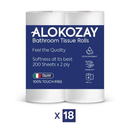 مناديل الحمام - 4 بكرات × 2 رقائق × 200 ورقة - عبوة من 18 / Bathroom Tissues - 200 Sheets X 2 Ply - 4 Rolls X Pack Of 18