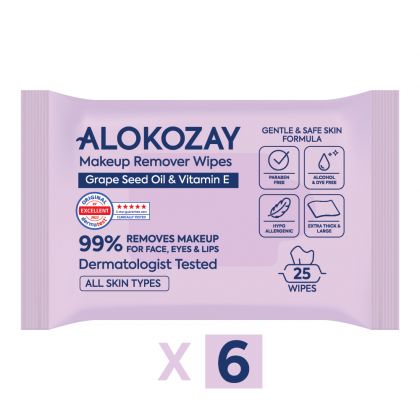  6 X مناديل التنظيف / مزيل المكياج - زيت بذور العنب وفيتامين ئـــي - 25 منديل / Cleansing Wipes / Make-Up Remover - Grape Seed Oil & Vitamin E - 25 Wipes X Pack Of 6