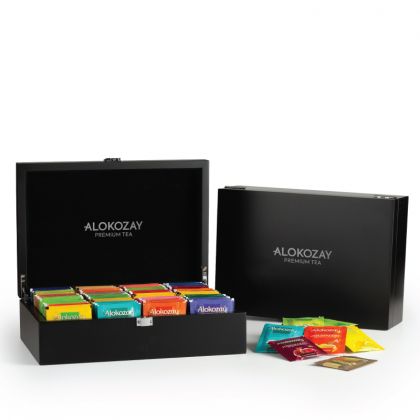  صندوق الشاي الخشبي 12 حجرة / Premium Wooden Tea Box - 12 Compartments With 144 Assorted Tea Flavours