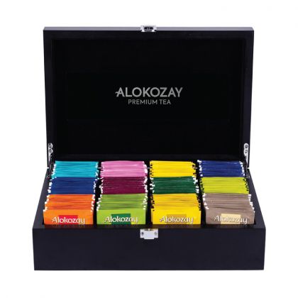 صندوق الشاي الخشبي 12 حجرة - عبوة من4 / Premium Wooden Tea Box - 12 Compartments With 144 Assorted Tea Flavours X Pack Of 4 