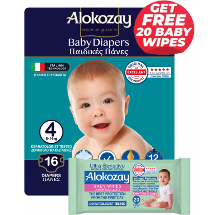 Baby Diapers - Size 4 (8-14 Kg) - 16 Diapers - With Free Ultra Sensitive 20 Baby Wipes