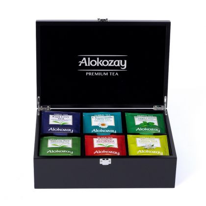 Premium Wooden Tea Box - 6 Compartments With 60 Assorted Silken Pyramid Tea Bags