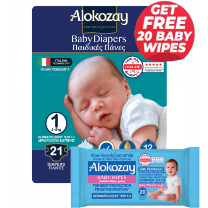 Baby Diapers - Size 1 (2-5 Kg) - 21 Diapers - With Free Aloe-Vera & Camomile 20 Baby Wipes