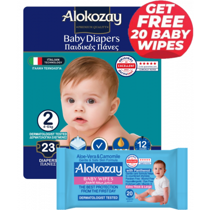 Baby Diapers - Size 2 (4-6 Kg) - 23 Diapers - With Free Aloe-Vera & Camomile 20 Baby Wipes