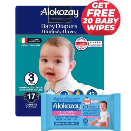 Baby Diapers - Size 3 (5-10 Kg) - 17 Diapers - With Free Aloe-Vera & Camomile 20 Baby Wipes