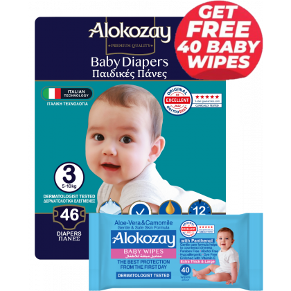 Baby Diapers - Size 3 (5-10 Kg) - 46 Diapers - With Free Aloe-Vera & Camomile 40 Baby Wipes