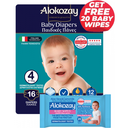 Baby Diapers - Size 4 (8-14 Kg) - 16 Diapers - With Free Aloe-Vera & Camomile 20 Baby Wipes