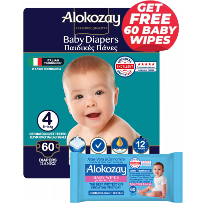 Baby Diapers - Size 4 (8-14 Kg) - 60 Diapers - With Free Aloe-Vera & Camomile 60 Baby Wipes