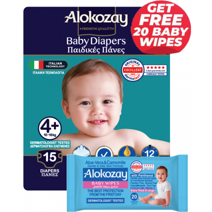 Baby Diapers - Size 4+ (10-16 Kg) - 15 Diapers - With Free Aloe-Vera & Camomile 20 Baby Wipes