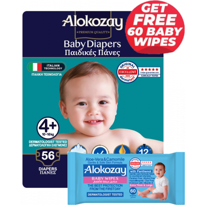 Baby Diapers - Size 4+ (10-16 Kg) - 56 Diapers - With Free Aloe-Vera & Camomile 60 Baby Wipes