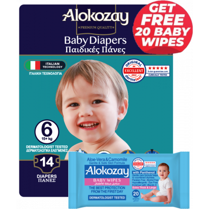 Baby Diapers - Size 6 (15+ Kg) - 14 Diapers - With Free Aloe-Vera & Camomile 20 Baby Wipes