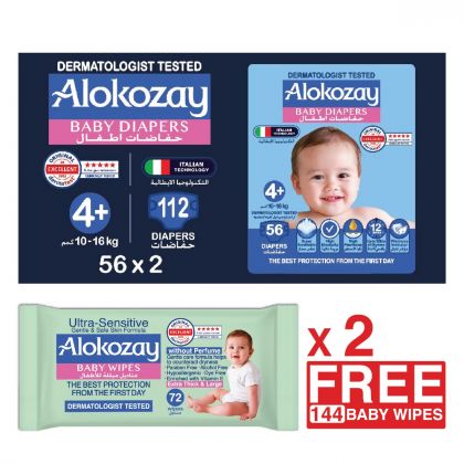 Baby Diapers - Size 4+ (10-16 Kg) - 56 Diapers X Pack Of 2