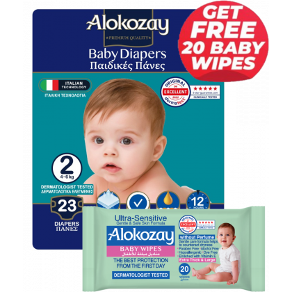 Baby Diapers - Size 2 (4-6 Kg) - 23 Diapers - With Free Ultra Sensitive 20 Baby Wipes