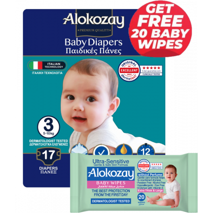 Baby Diapers - Size 3 (5-10 Kg) - 17 Diapers - With Free Ultra Sensitive 20 Baby Wipes