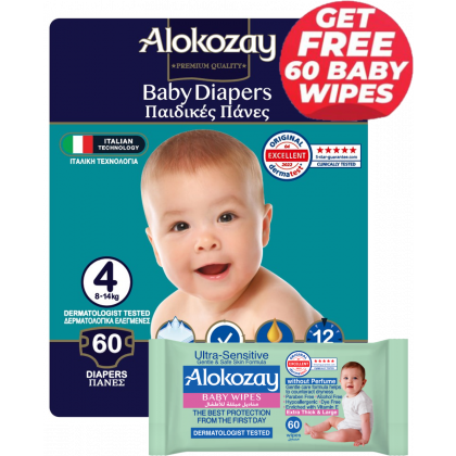 Baby Diapers - Size 4 (8-14 Kg) - 60 Diapers - With Free Ultra Sensitive 60 Baby Wipes