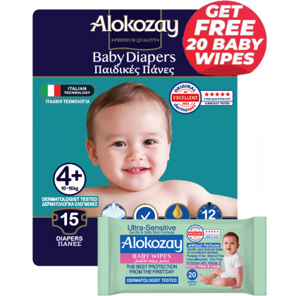 Baby Diapers - Size 4+ (10-16 Kg) - 15 Diapers - With Free Ultra Sensitive 20 Baby Wipes