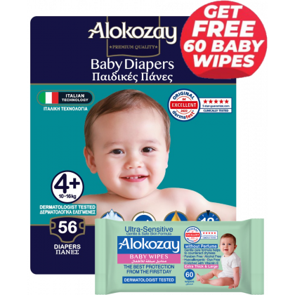 Baby Diapers - Size 4+ (10-16 Kg) - 56 Diapers - With Free Ultra Sensitive 60 Baby Wipes