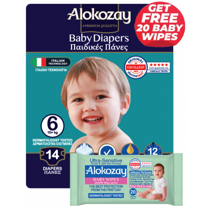 Baby Diapers - Size 6 (15+ Kg) - 14 Diapers - With Free Ultra Sensitive 20 Baby Wipes