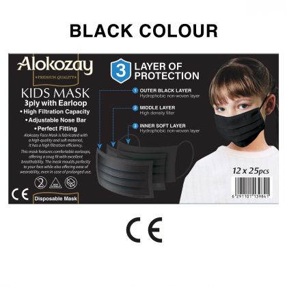 Kids Face Mask - Black - 25 Pcs X Pack Of 12